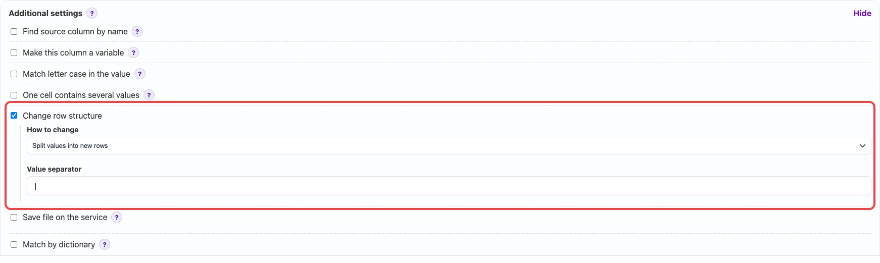 Settings for splitting sizes into separate rows