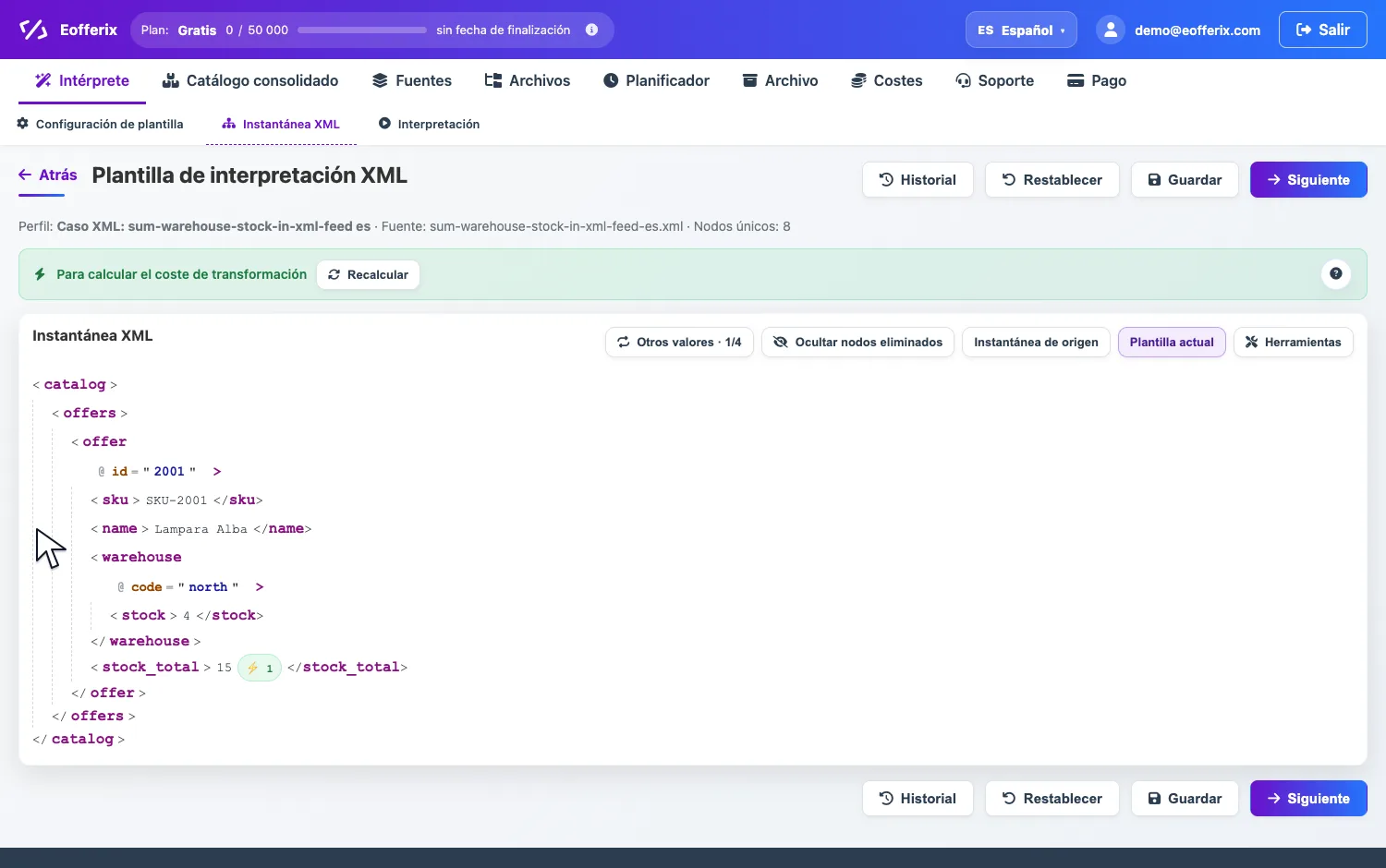 Apertura de stock_total en XML