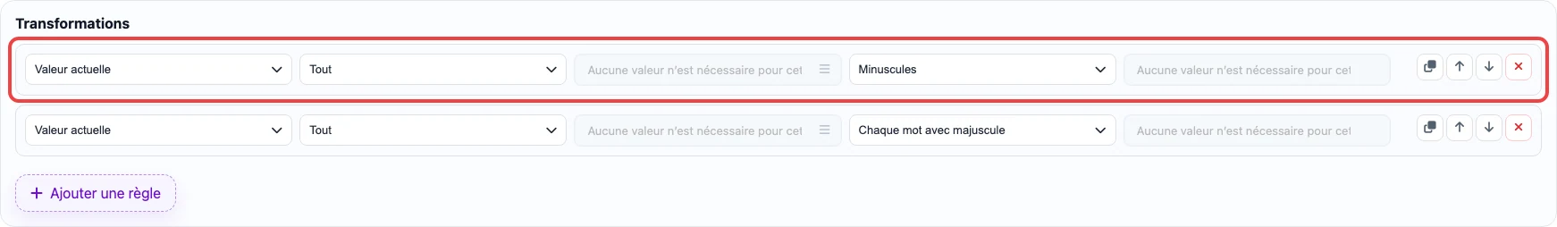 Ouvrir l’image en grand Règle Minuscules dans les paramètres de colonne