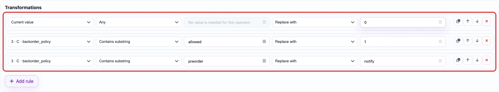 Open image larger Screenshot of transformation rules for the Backorders allowed? column