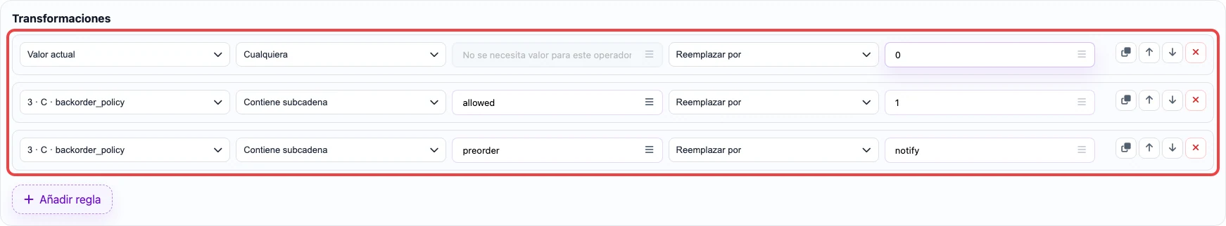 Abrir imagen en grande Captura de las reglas de transformación para la columna Backorders allowed?