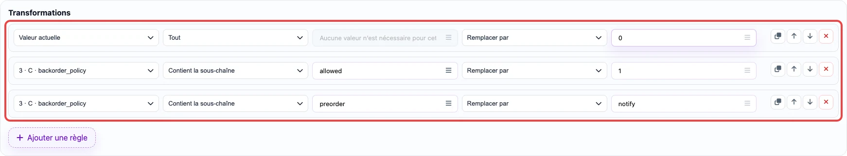 Capture des règles de transformation pour la colonne Backorders allowed?
