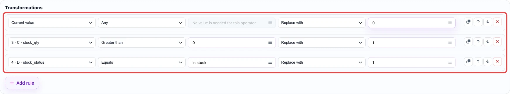 Screenshot of transformation rules for the In stock? column