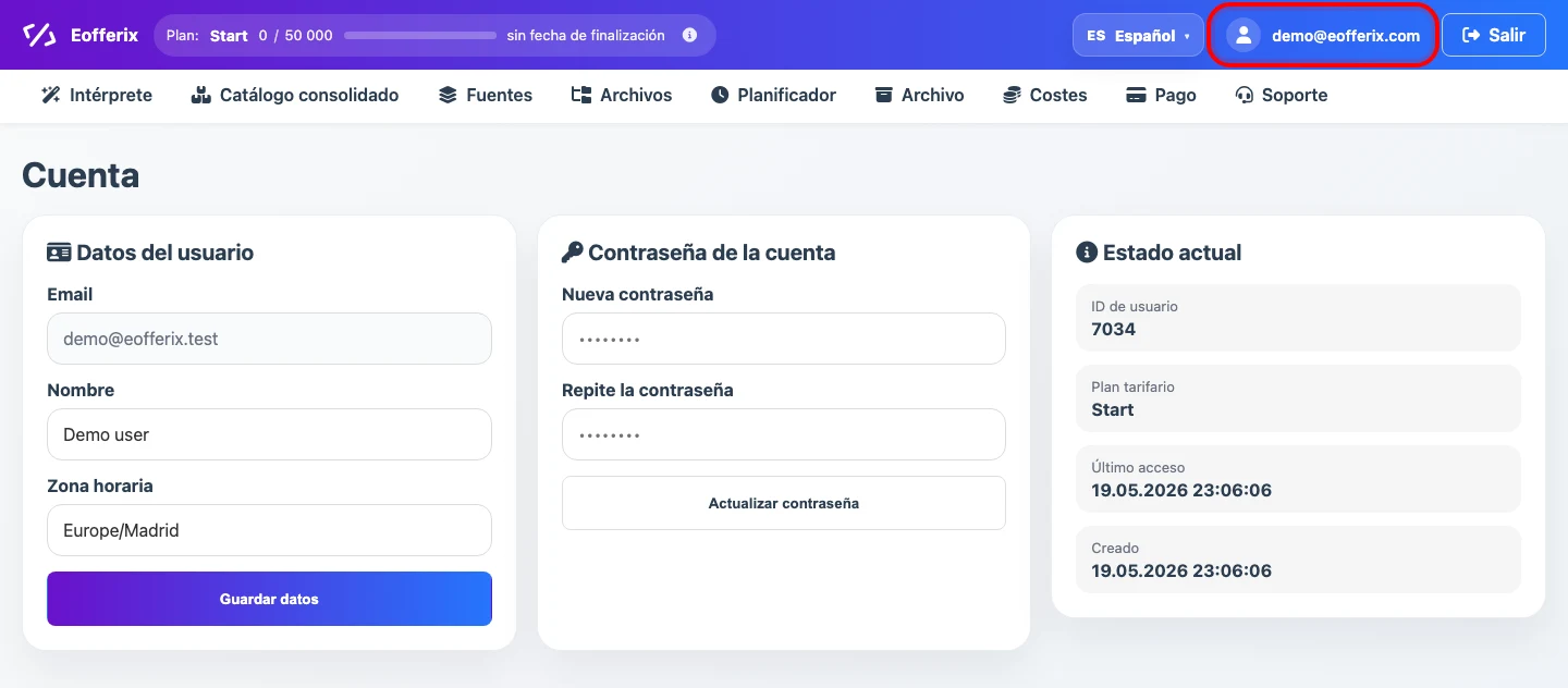 Captura de la cuenta personal en Eofferix