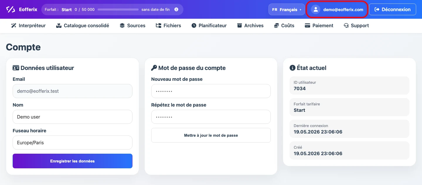 Capture du compte personnel dans Eofferix