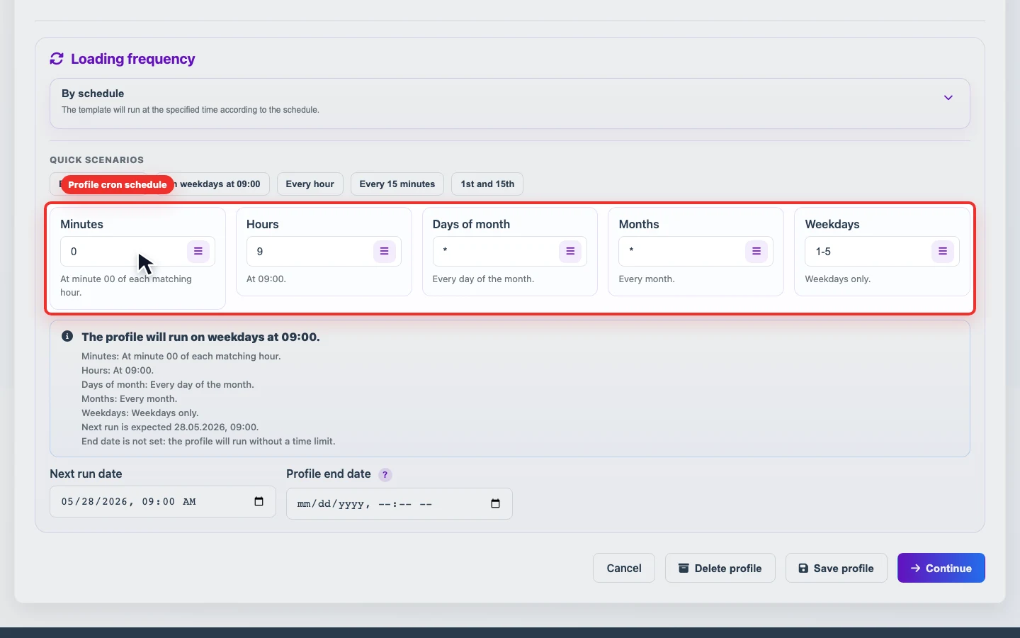 Screenshot of profile cron schedule in Eofferix