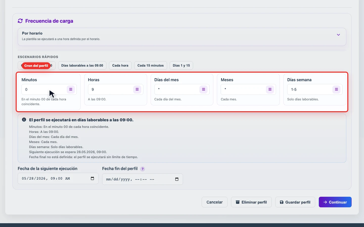 Captura del cron del perfil en Eofferix