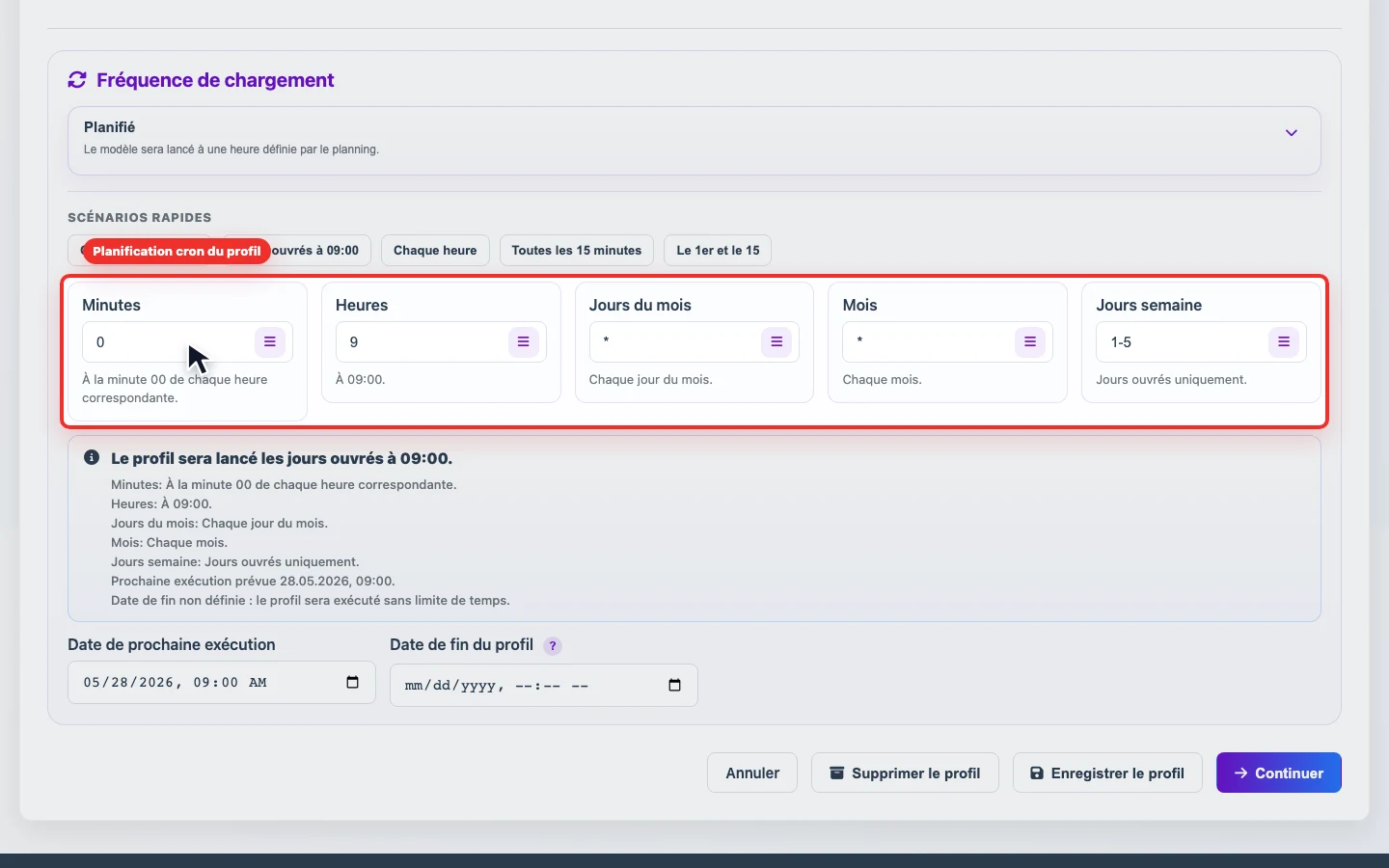 Capture du planning cron de profil dans Eofferix