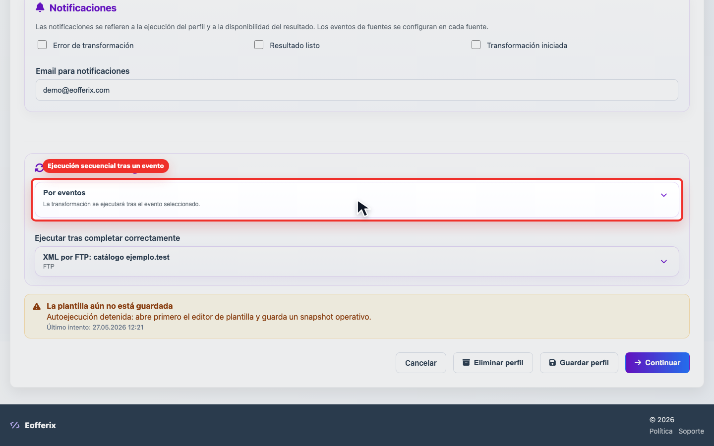 Animación de configuración de un perfil para ejecutarse tras un evento Animación de configuración de un perfil para ejecutarse tras un evento