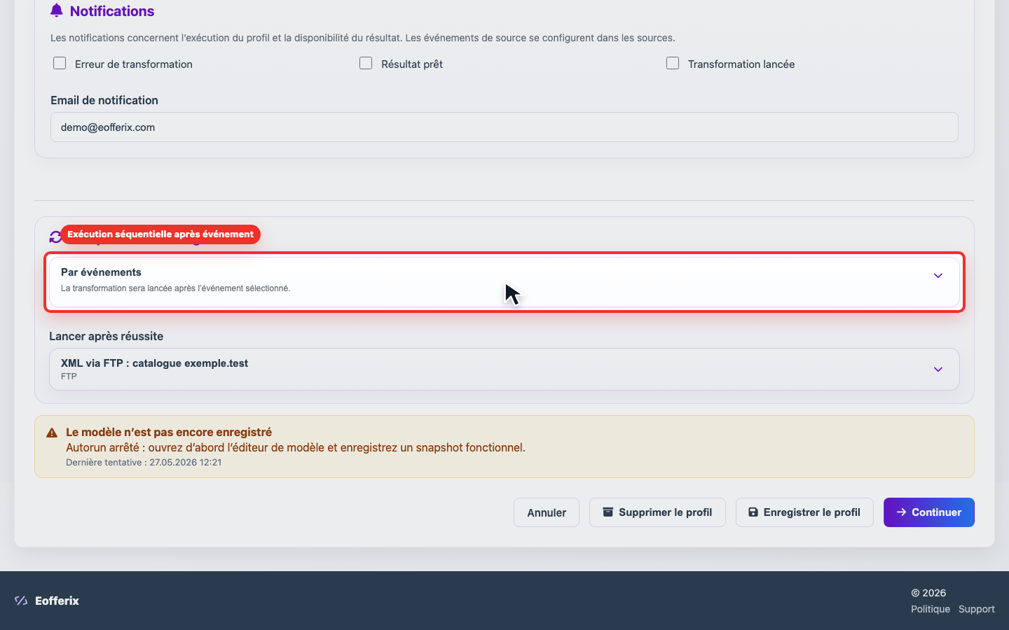 Animation de configuration d’un profil lancé après événement