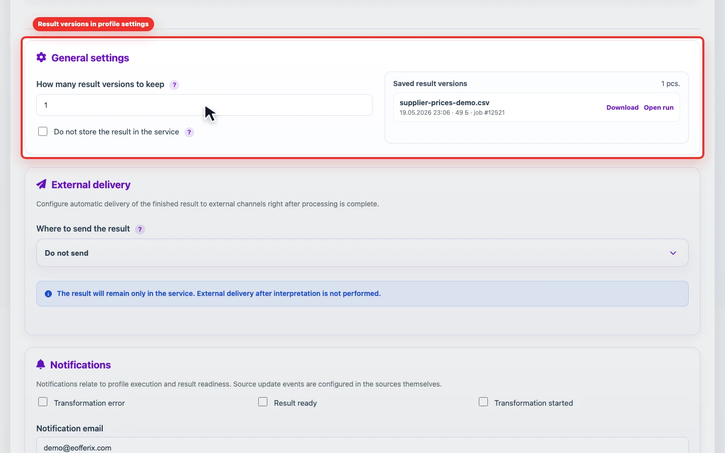 Screenshot of saved result versions in profile settings Screenshot of saved result versions in profile settings