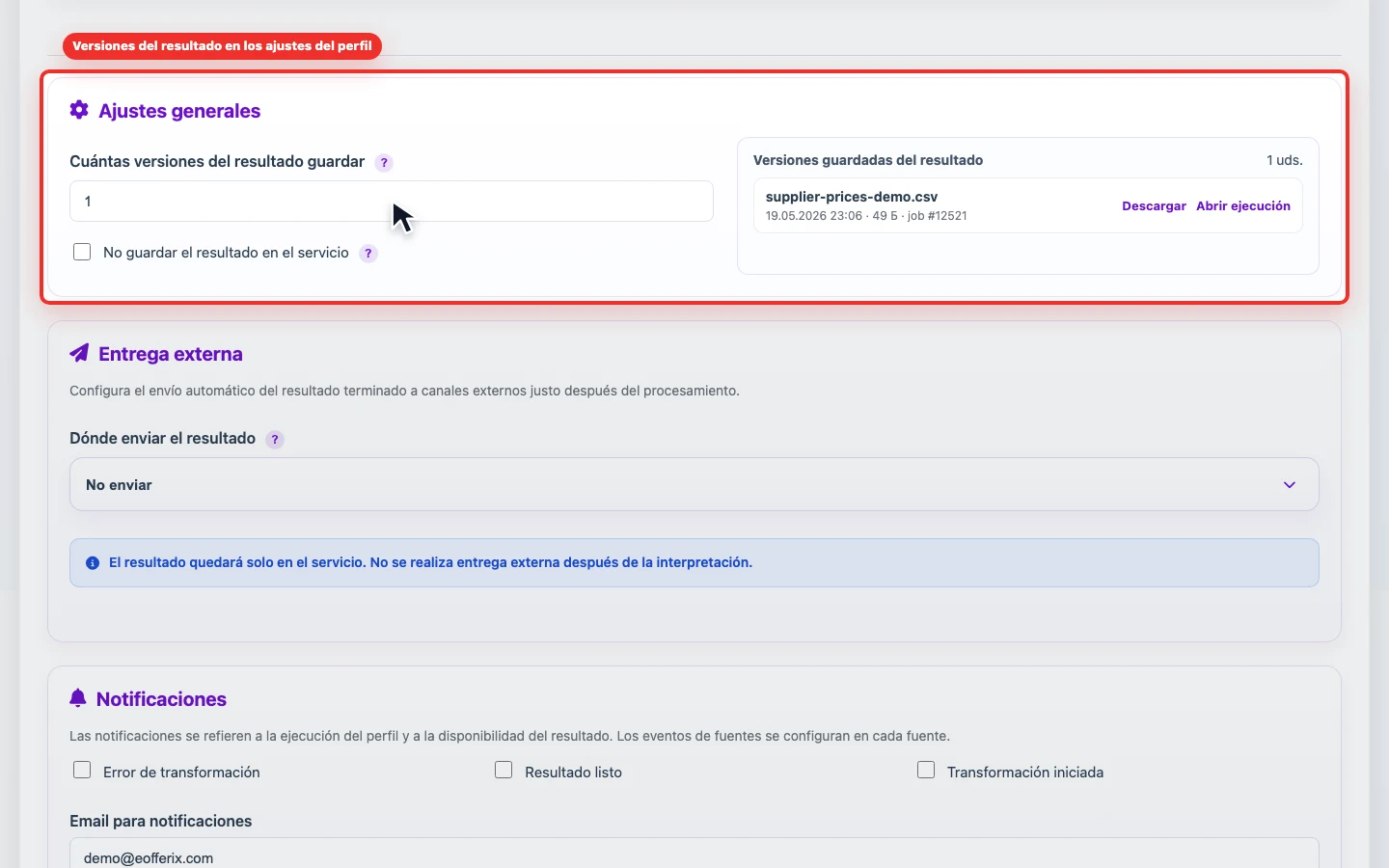 Captura de versiones guardadas del resultado en la configuración del perfil