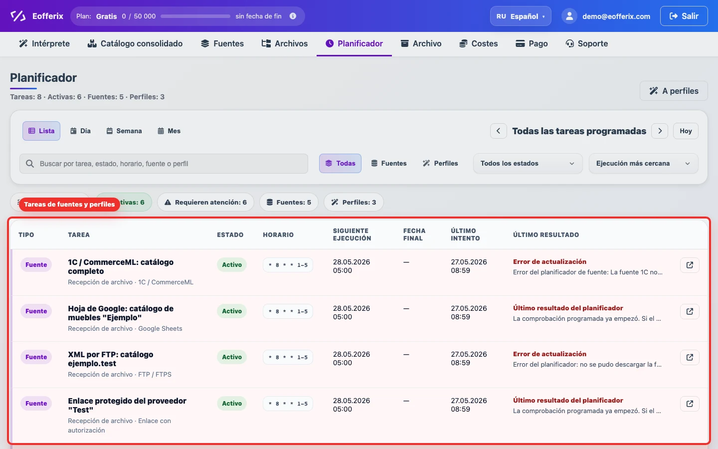 Captura del planificador unificado de tareas de Eofferix