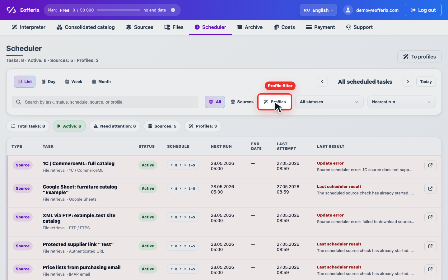 Animation of filtering profiles and switching the scheduler to week view