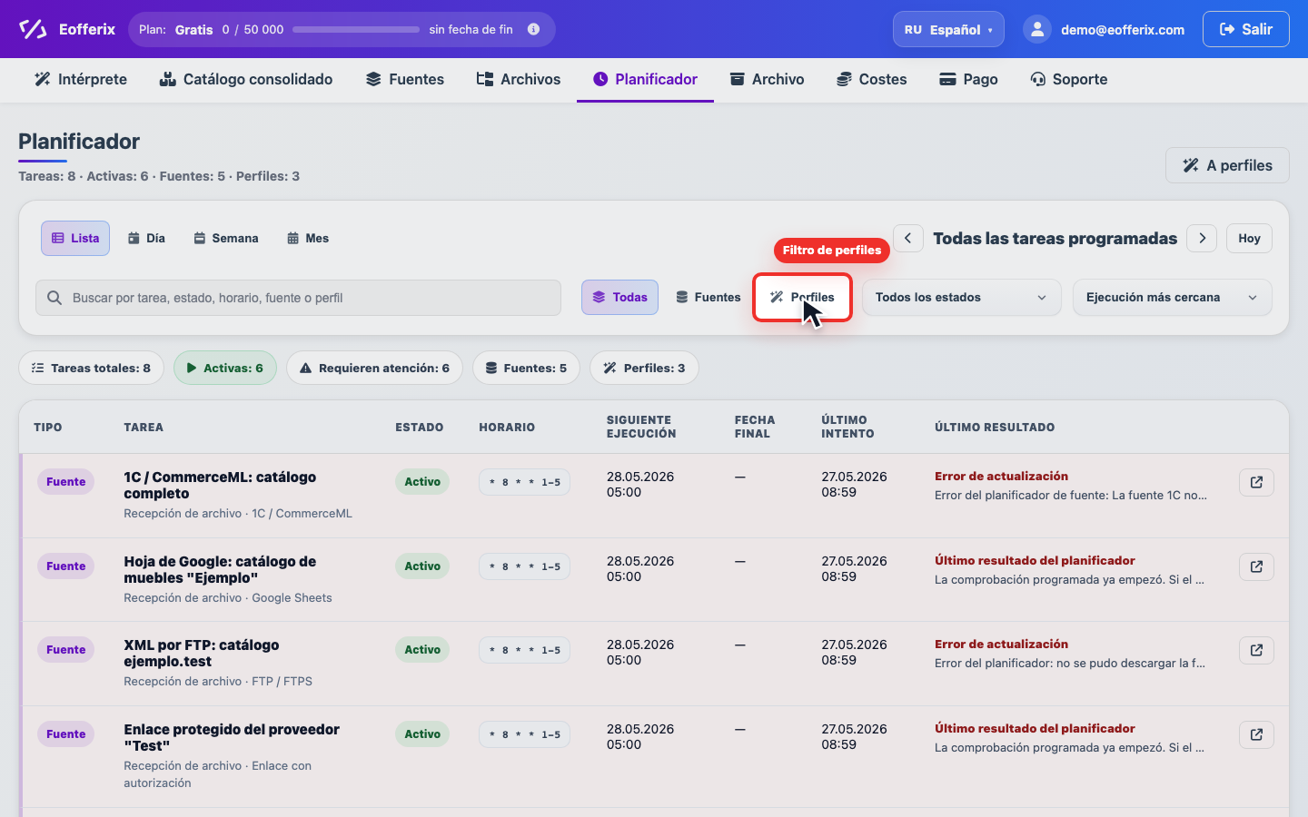 Animación de filtro por perfiles y cambio del planificador a vista semanal Animación de filtro por perfiles y cambio del planificador a vista semanal