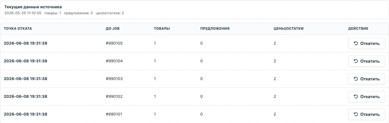 Точка отката импорта в Eofferix