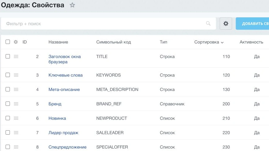 Свойства товаров в админке 1C-Bitrix