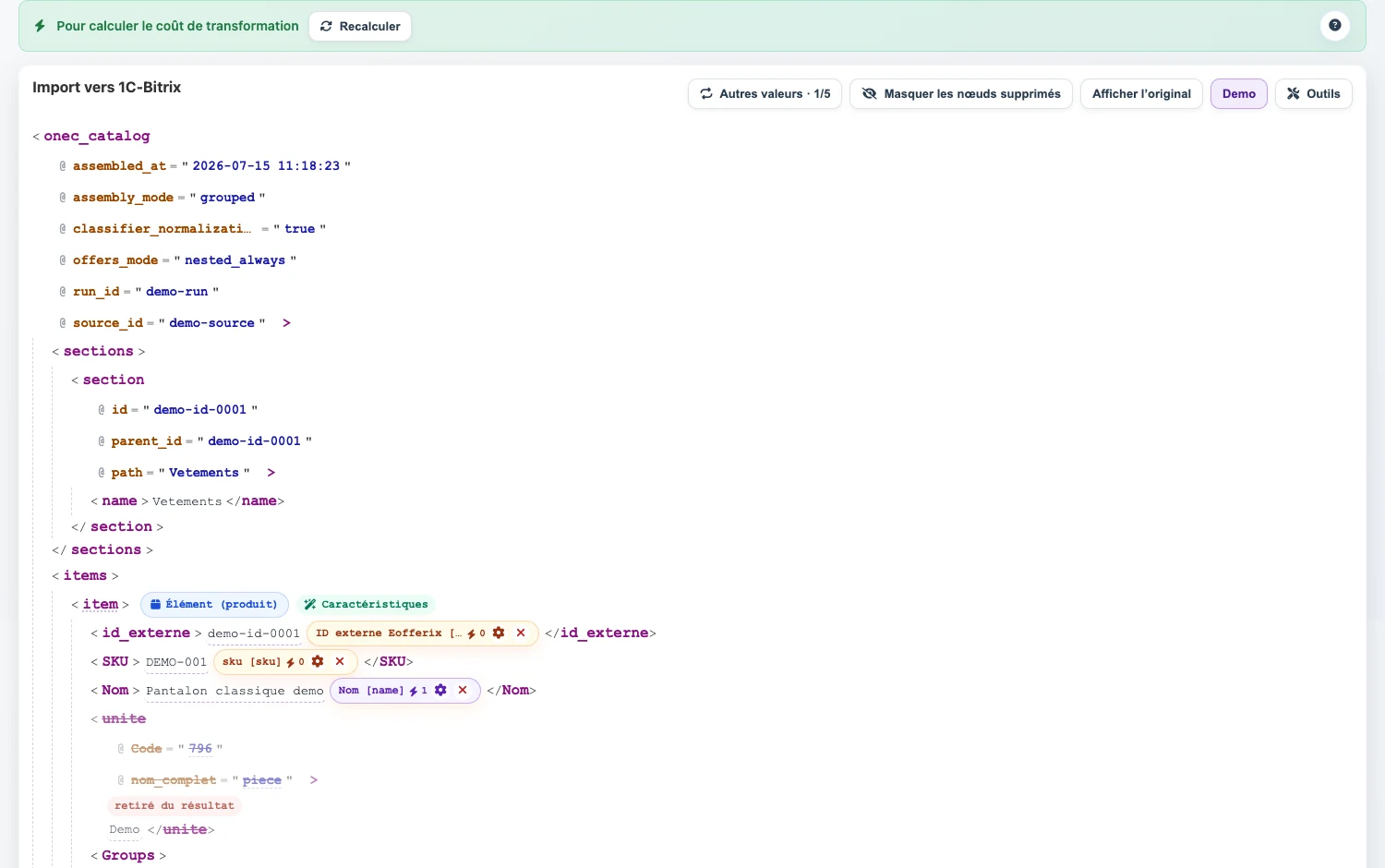 Structure Eofferix avec produit, offre et champs de source