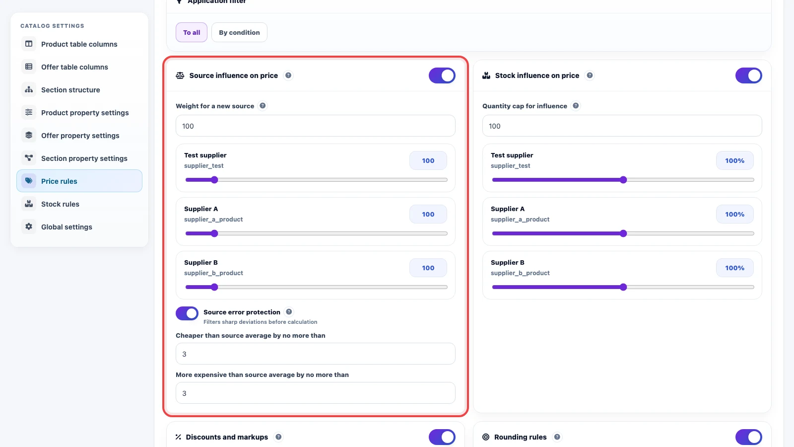 Custom price with source weights and source error protection
