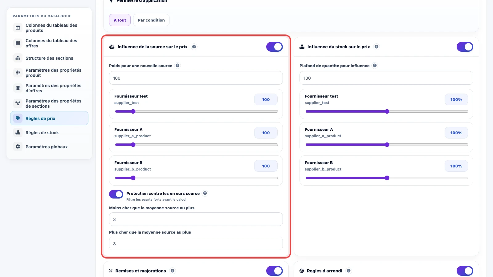 Prix personnalisable avec poids des sources et protection contre les erreurs source