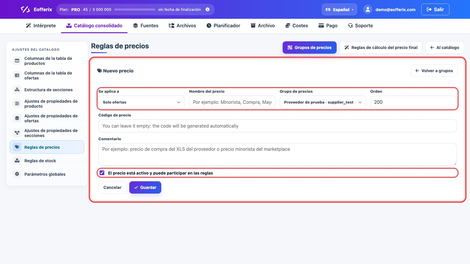 Tarjeta de nuevo tipo de precio en Eofferix