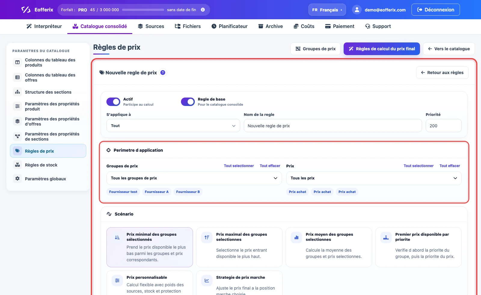 Fiche de règle de prix final avec périmètre d’application et scénarios de calcul