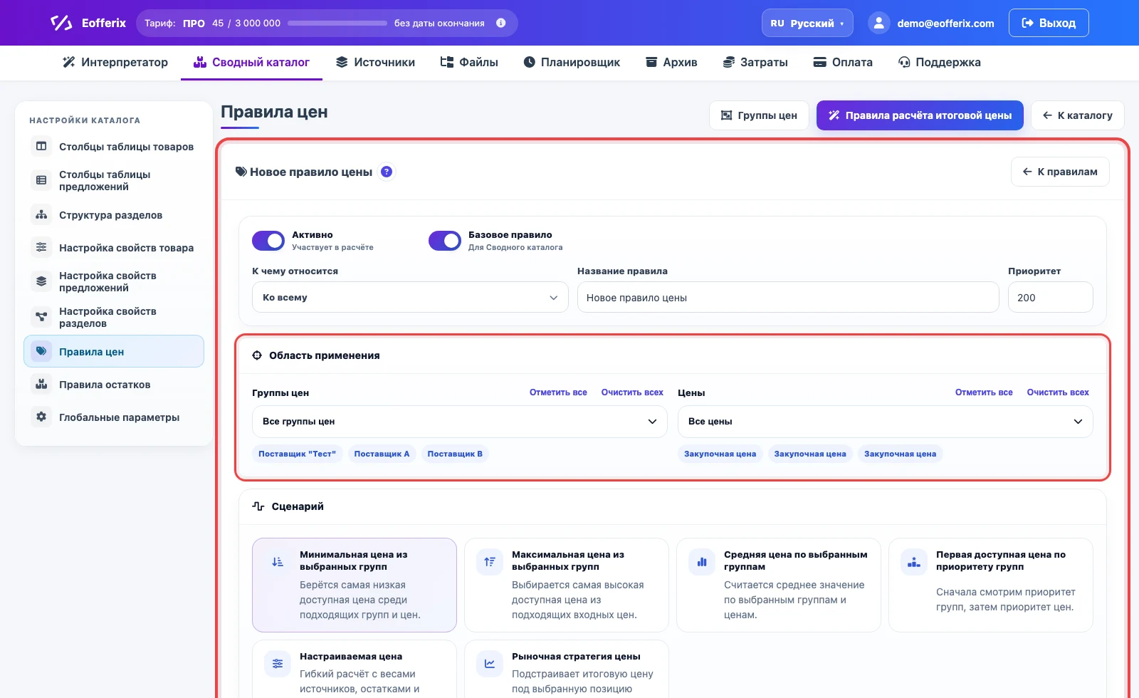 Карточка правила итоговой цены с областью применения и сценариями расчета