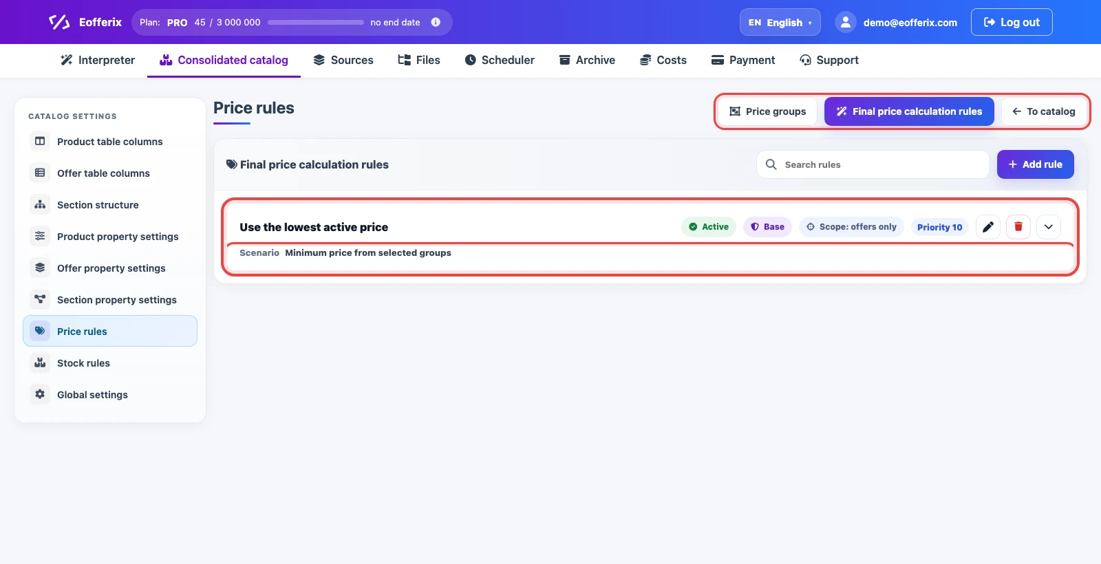 List of final price calculation rules in Eofferix
