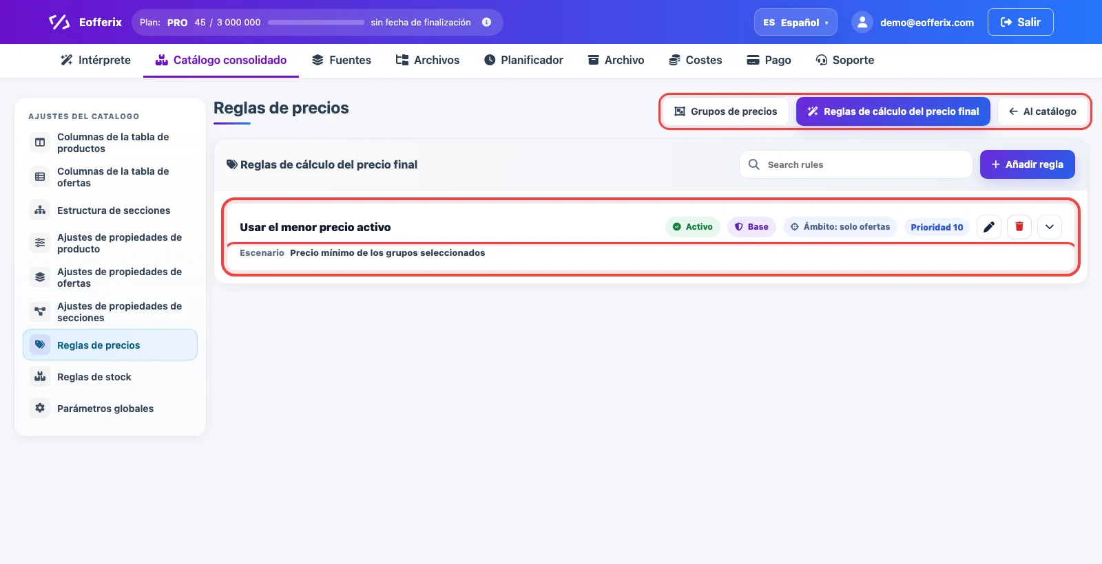 Lista de reglas de precio final en Eofferix