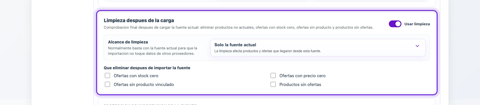 Configuración de limpieza después de importar una fuente