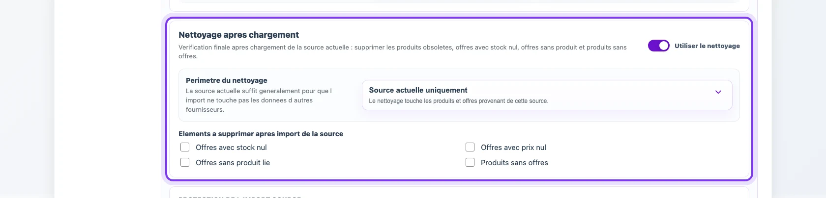 Paramètres de nettoyage après import de la source