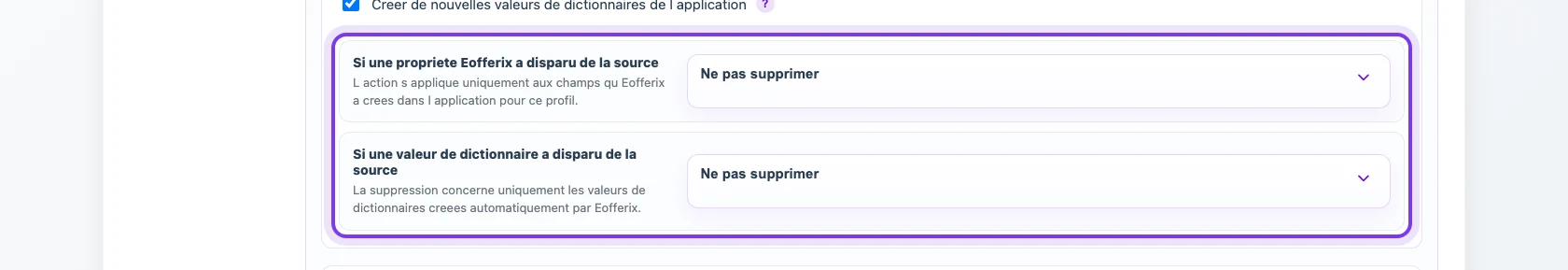 Règles pour les propriétés et valeurs de dictionnaire absentes de la source