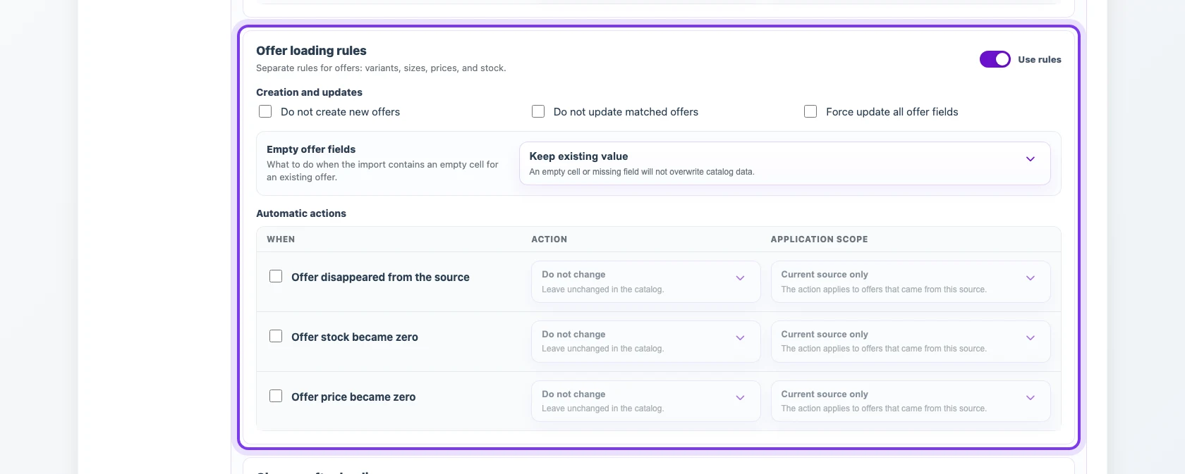 Offer loading rules in an Eofferix profile