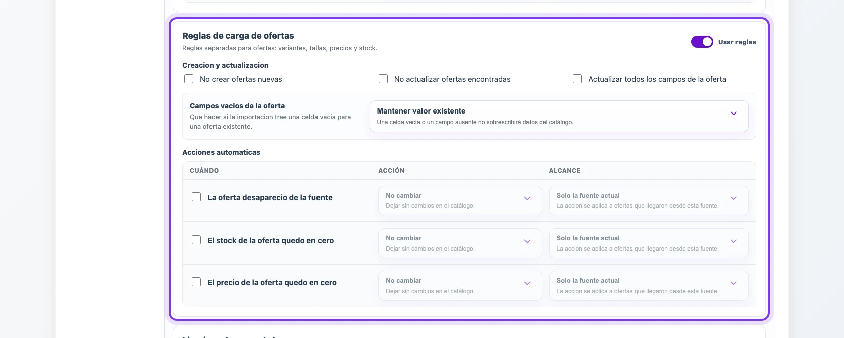 Reglas de carga de ofertas en un perfil de Eofferix