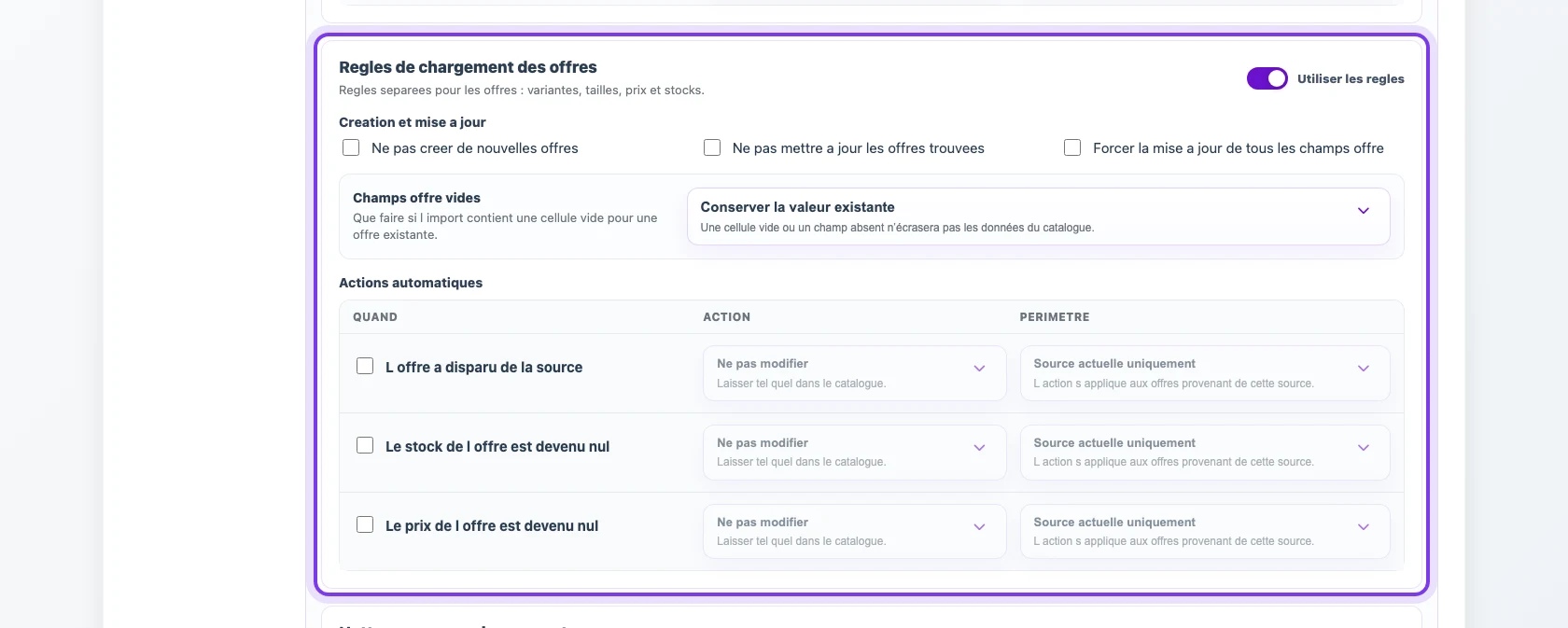 Règles de chargement des offres dans un profil Eofferix
