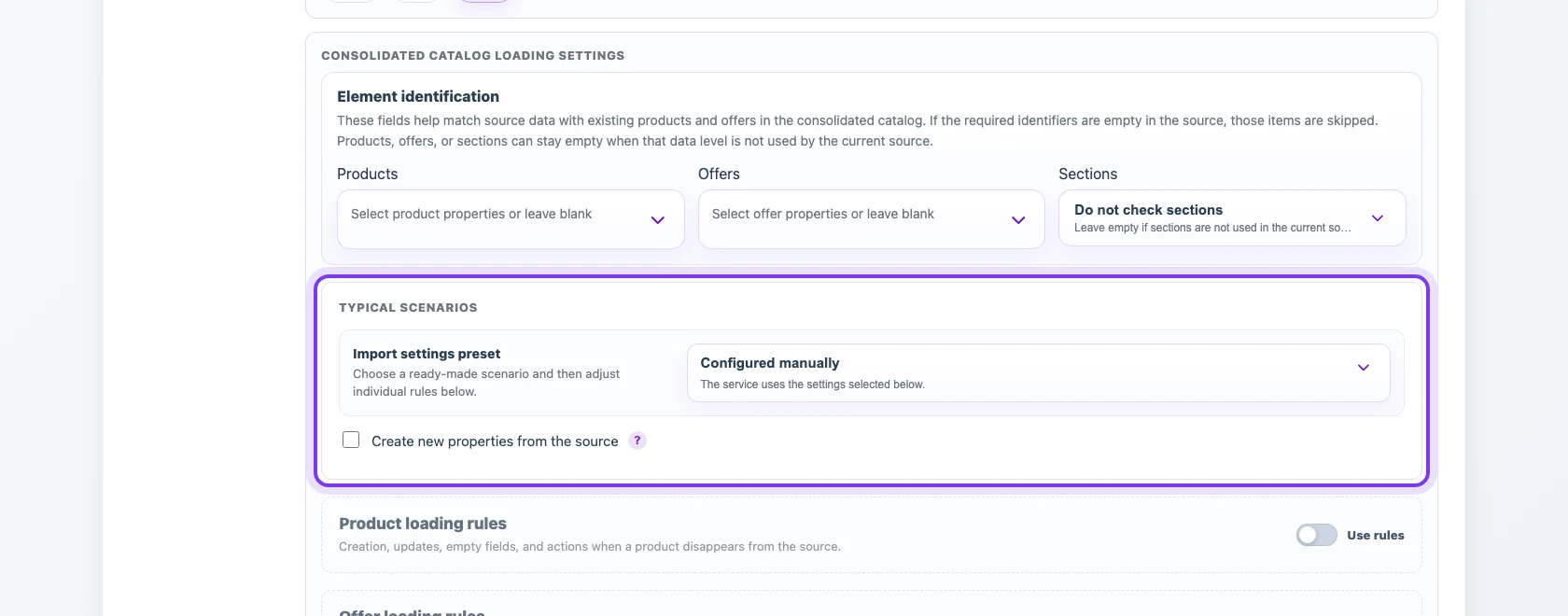 Consolidated catalog loading settings in an Eofferix profile