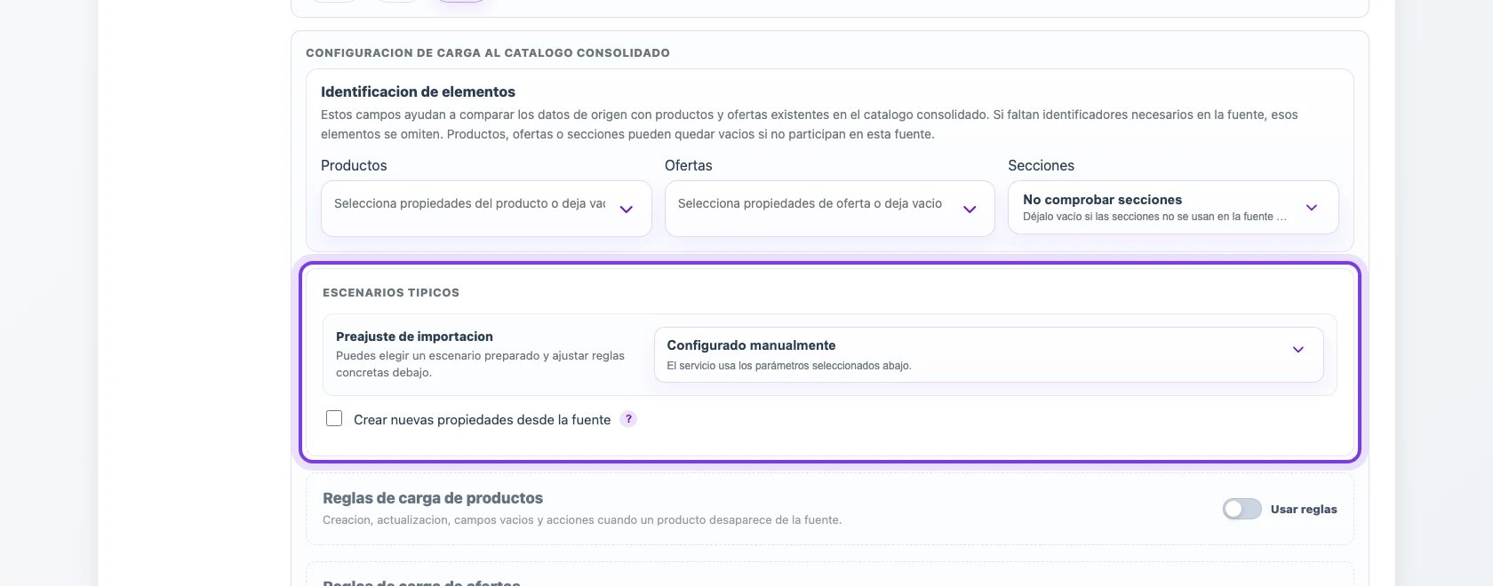 Configuración de carga al catálogo consolidado en un perfil de Eofferix