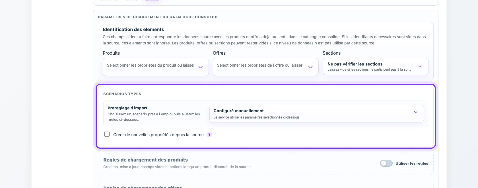 Paramètres de chargement du catalogue consolidé dans un profil Eofferix