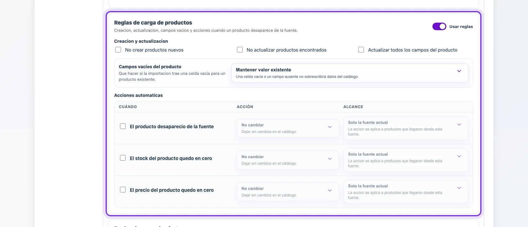 Reglas de carga de productos en un perfil de Eofferix