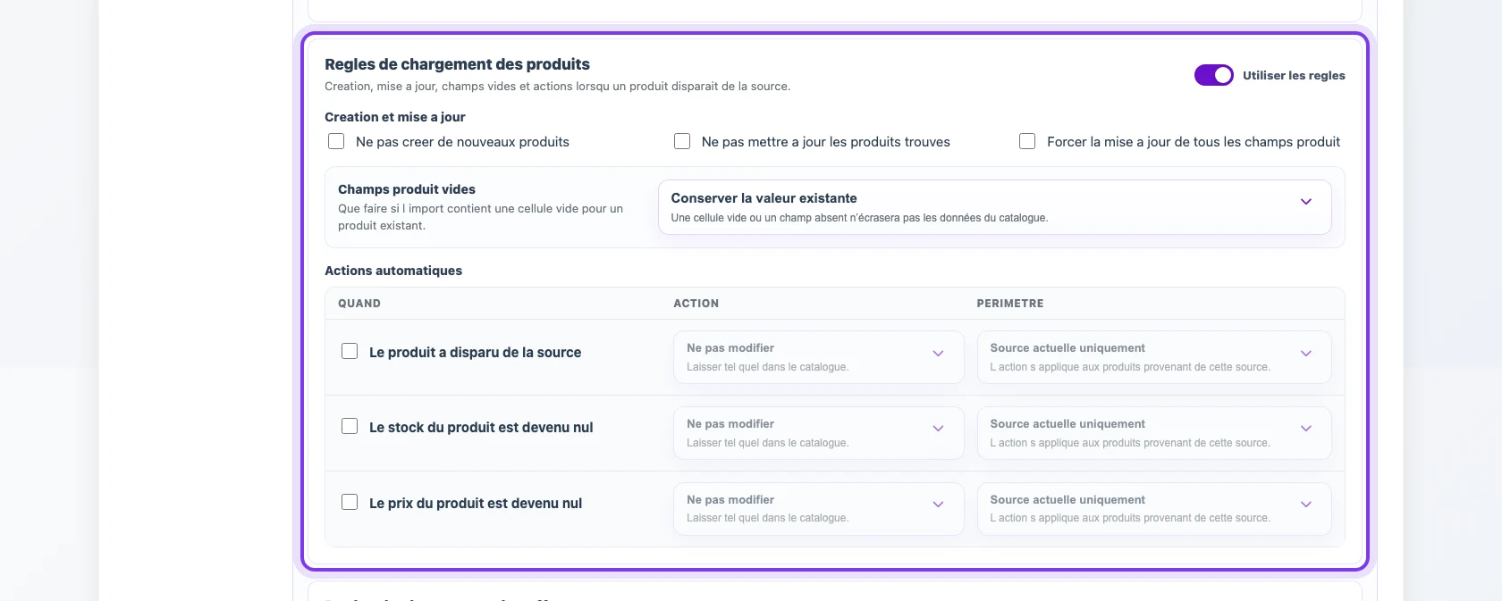 Règles de chargement des produits dans un profil Eofferix