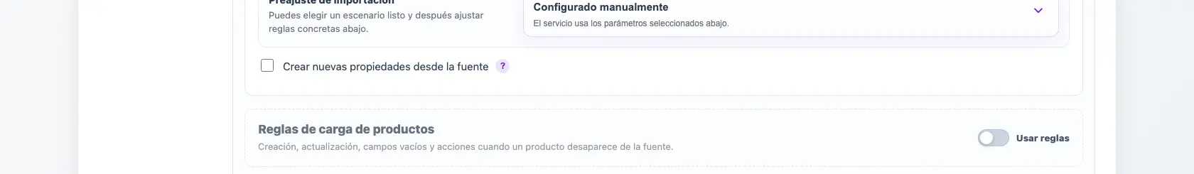 Configuración para crear propiedades nuevas desde la fuente