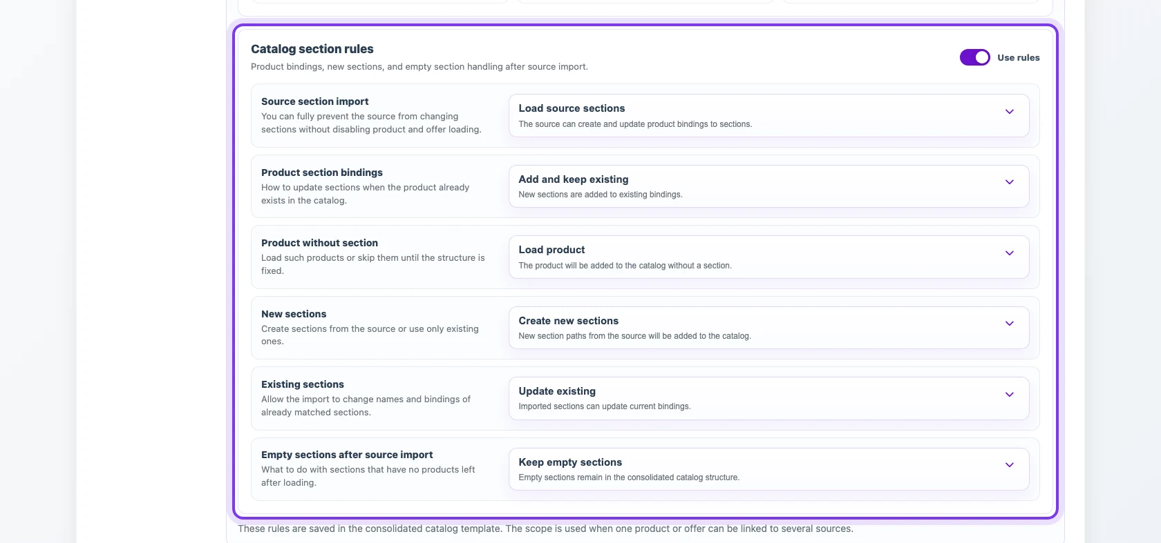 Catalog section rules in an Eofferix profile