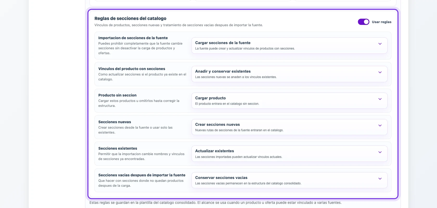 Reglas de secciones del catálogo en un perfil de Eofferix