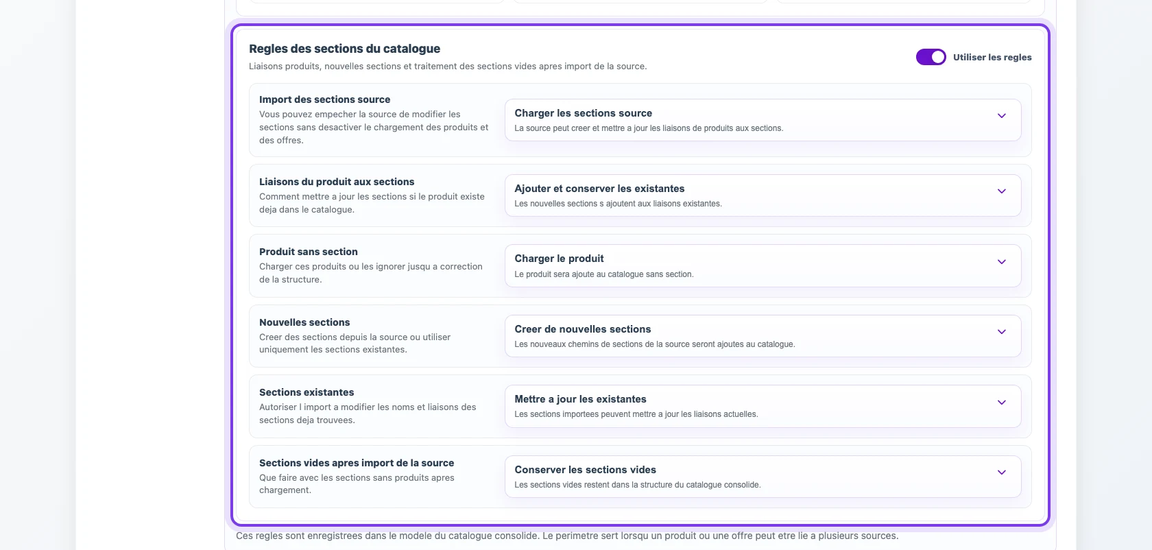 Règles de sections du catalogue dans un profil Eofferix