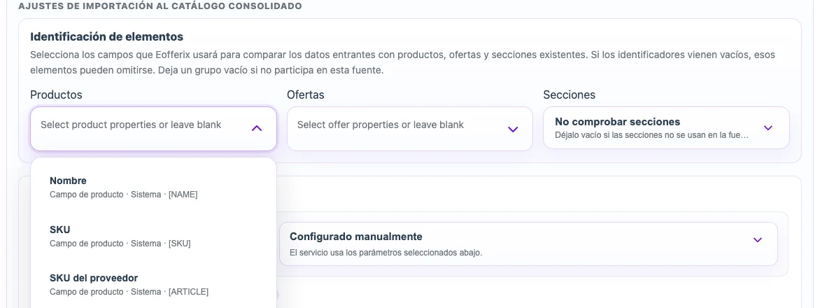Selección de campos de identificación de producto y oferta para importación XML