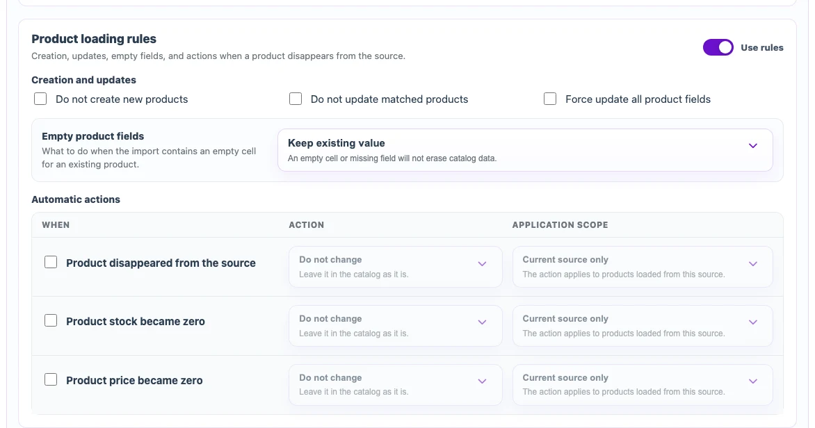 Rules for creating, updating, and handling empty values during XML import