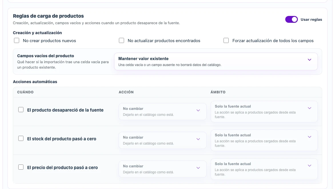 Reglas de creación, actualización y valores vacíos durante la importación XML