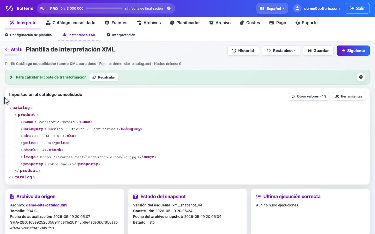 Animación de configuración del snapshot XML: seleccionar nodo de producto y asignar SKU