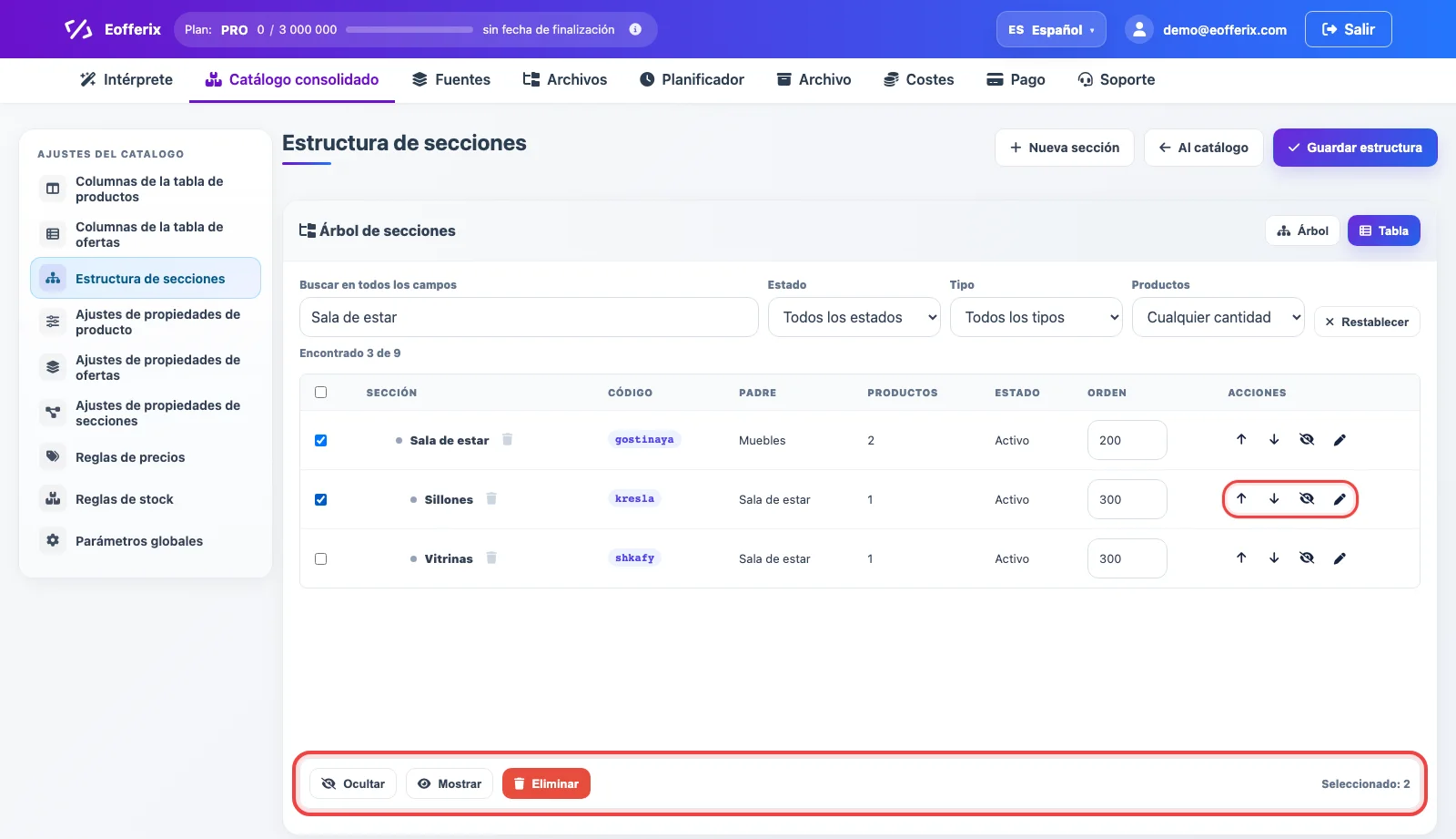 Acciones masivas y botones de gestión de secciones en Eofferix