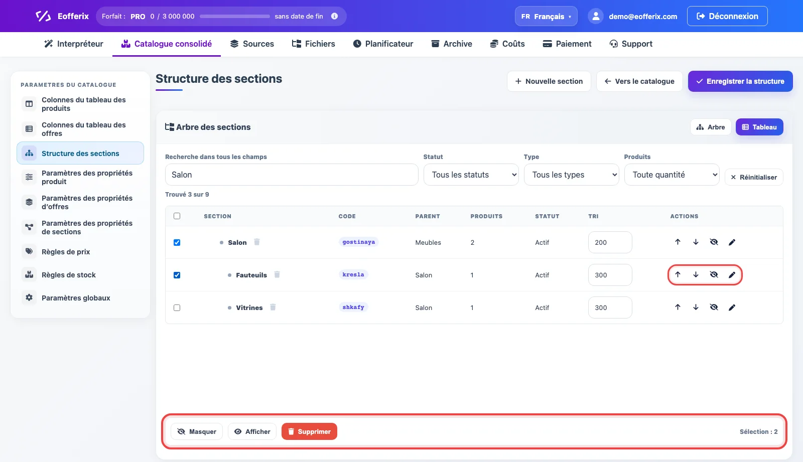 Actions groupées et boutons de gestion des sections dans Eofferix
